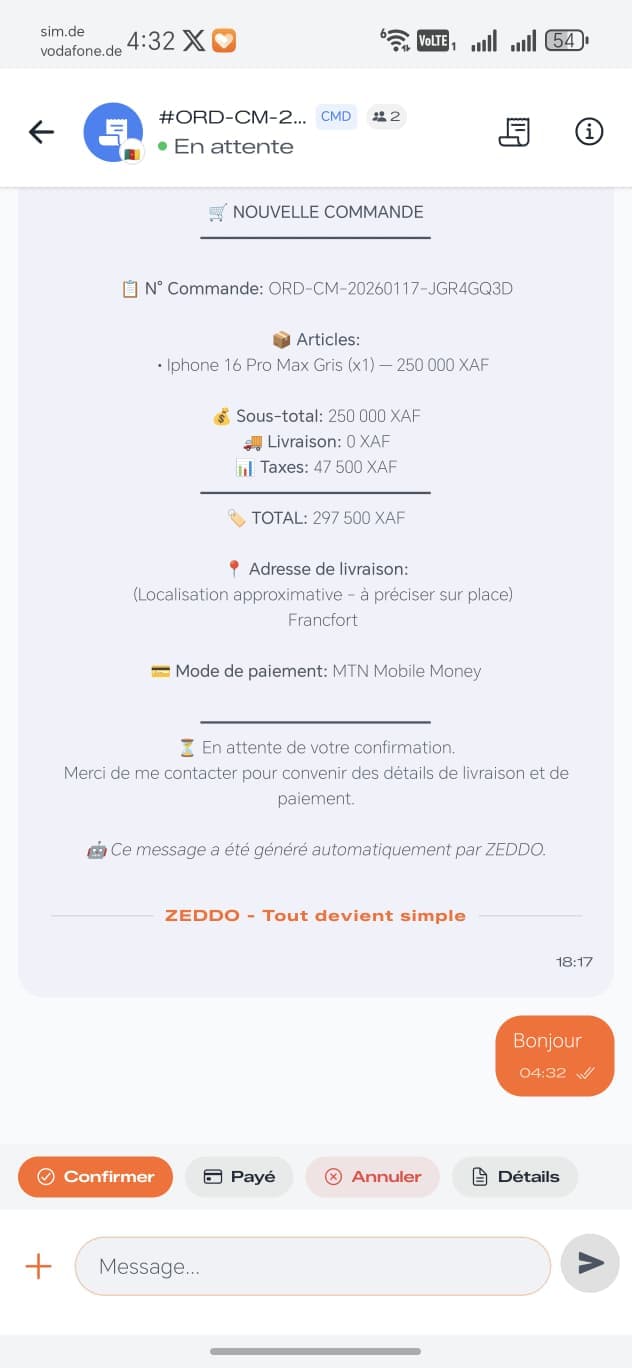 Chat contextuel ZEDDO avec récapitulatif de commande automatique