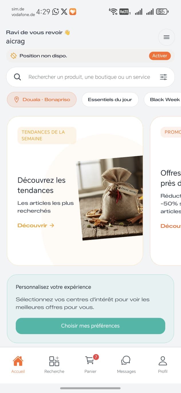 Application ZEDDO - Feed acheteur avec recherche de produits et services